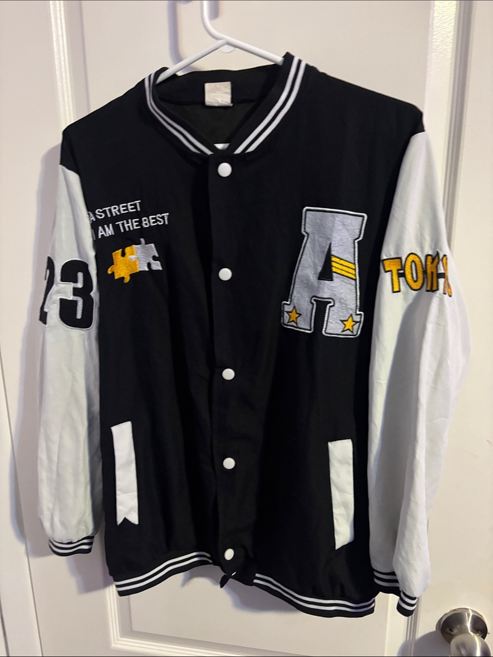 Source Unknown Black and White Varsity Jacket with Yellow Patch Details